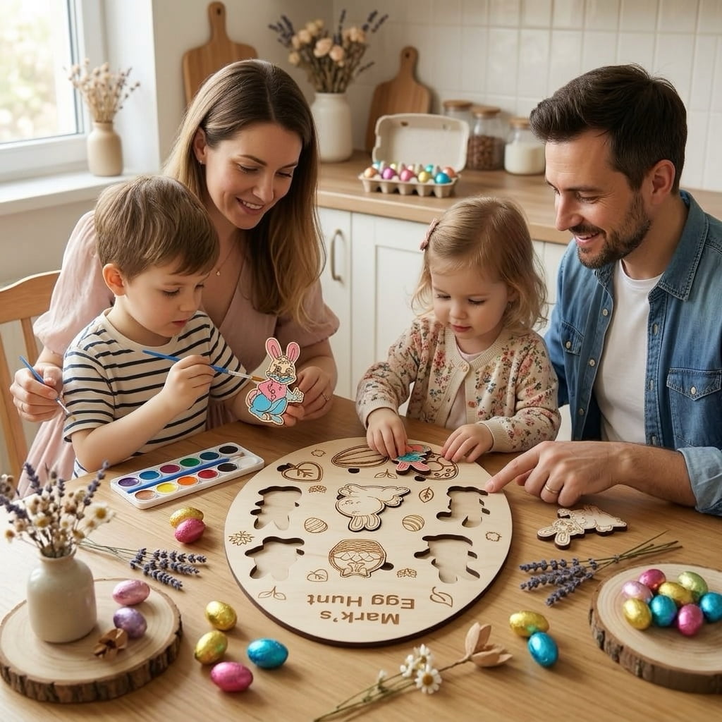 Family playing with personalized Easter egg hunt puzzle board, kids Easter activity and DIY craft game