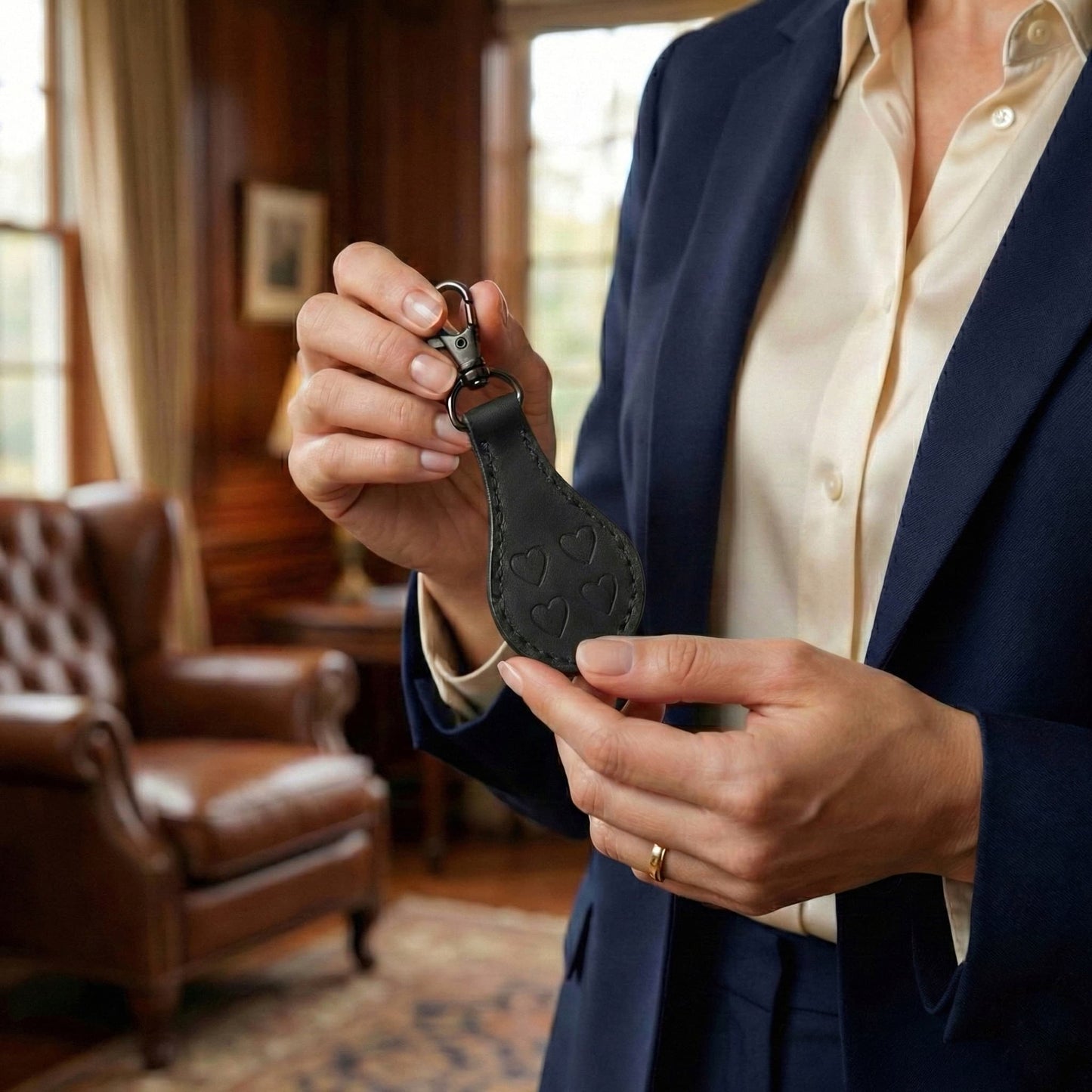 Woman holding handmade black leather keychain with embossed heart design in elegant interior