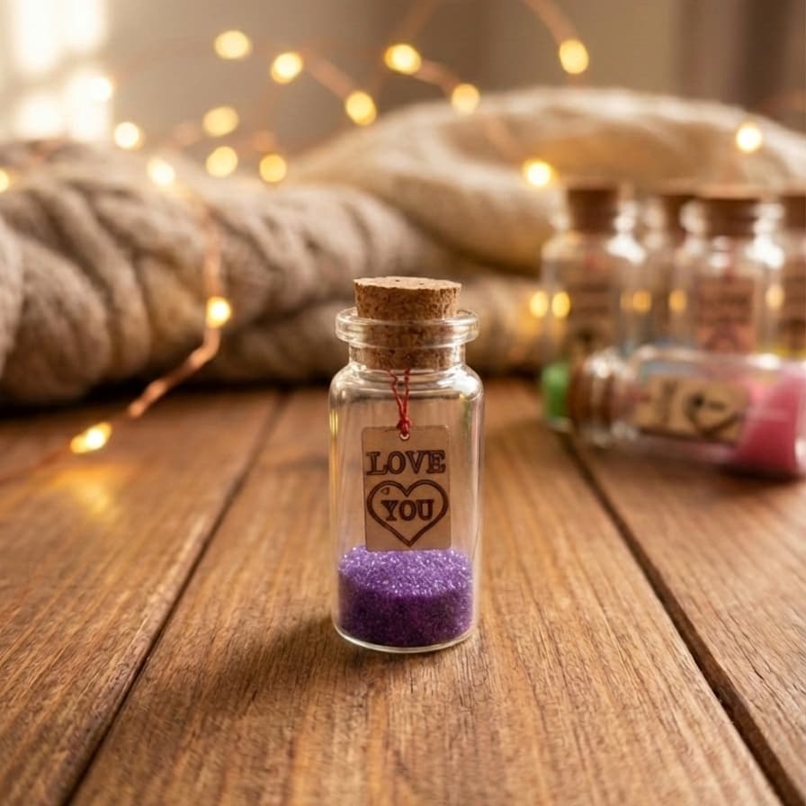 Personalized Tiny Glass Jar with Wooden Heart Charm & Colored Sand