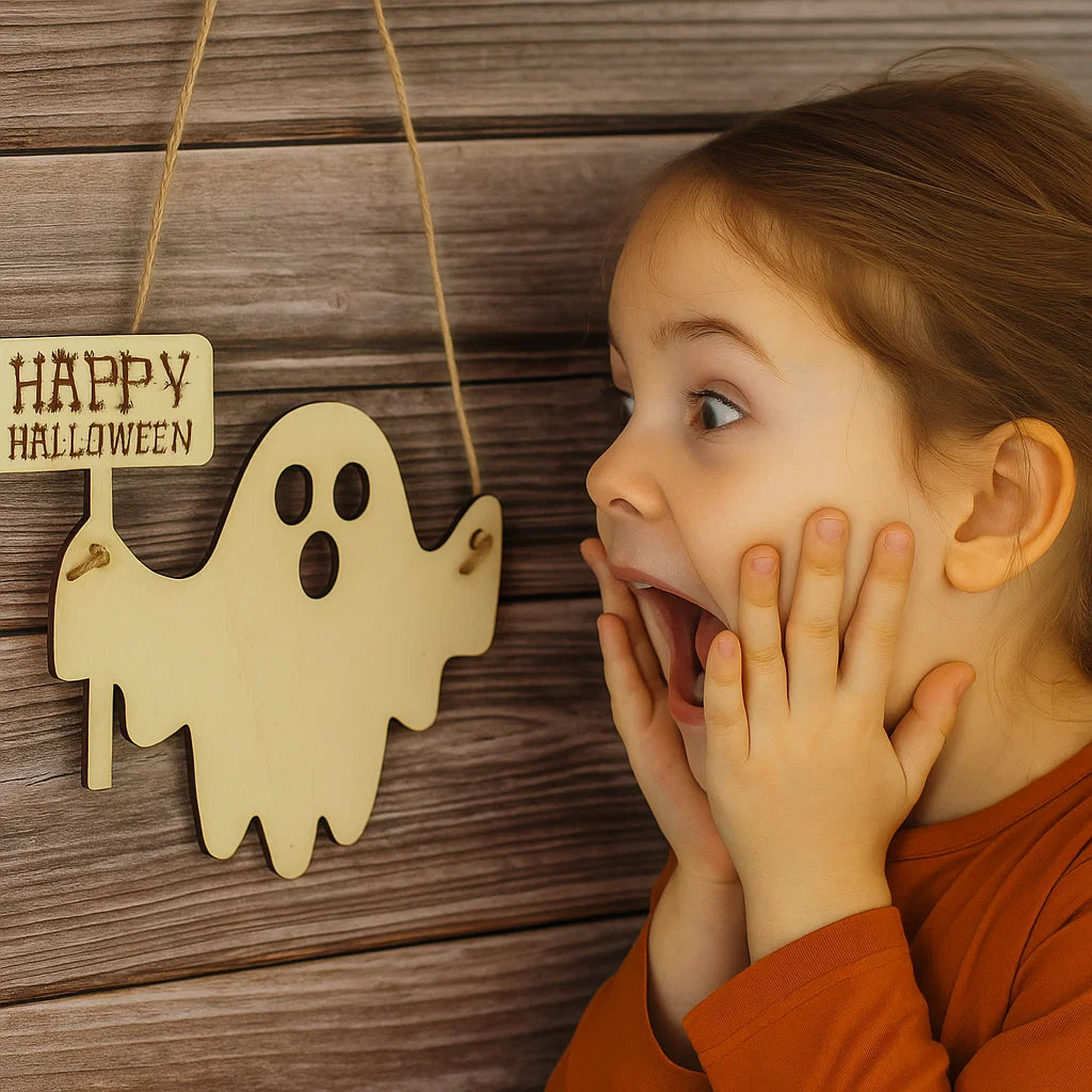 Wooden Halloween Ghost Door Hanger – Happy Halloween Sign, Cute Hanging Ghost Decoration for Front Door, Porch or Wall Decor