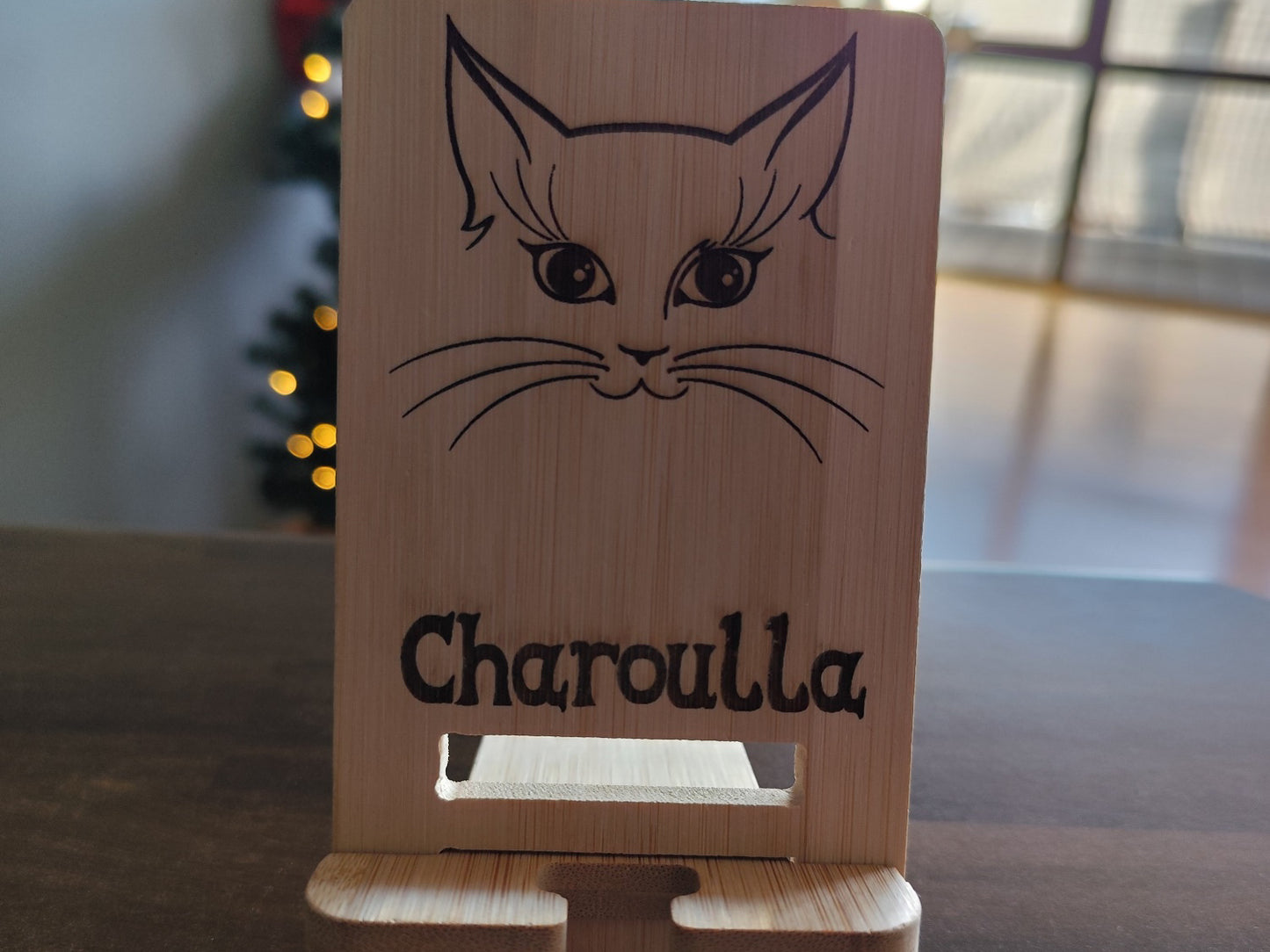 Personalized Phone Holder – Wooden Stand with Wild Wolf Engraving