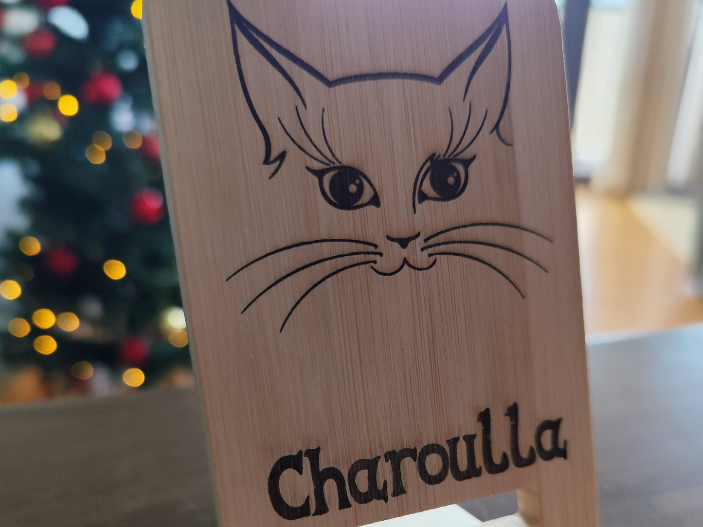 Personalized Phone Holder – Wooden Stand with Wild Wolf Engraving