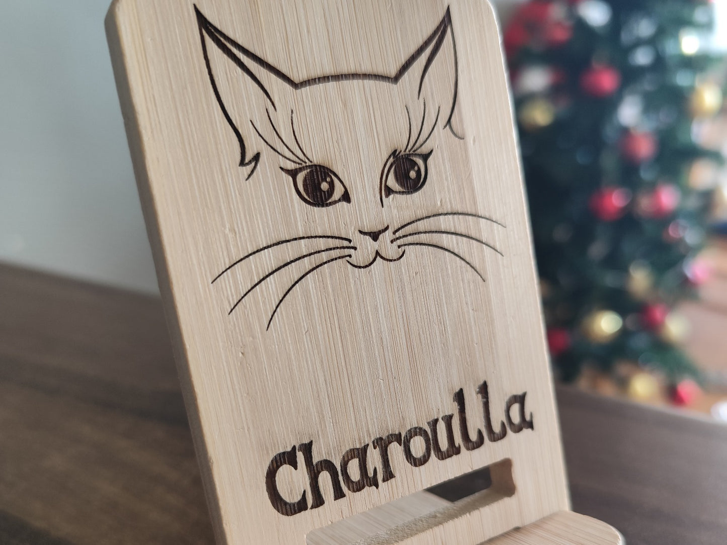Personalized Phone Holder – Wooden Stand with Wild Wolf Engraving