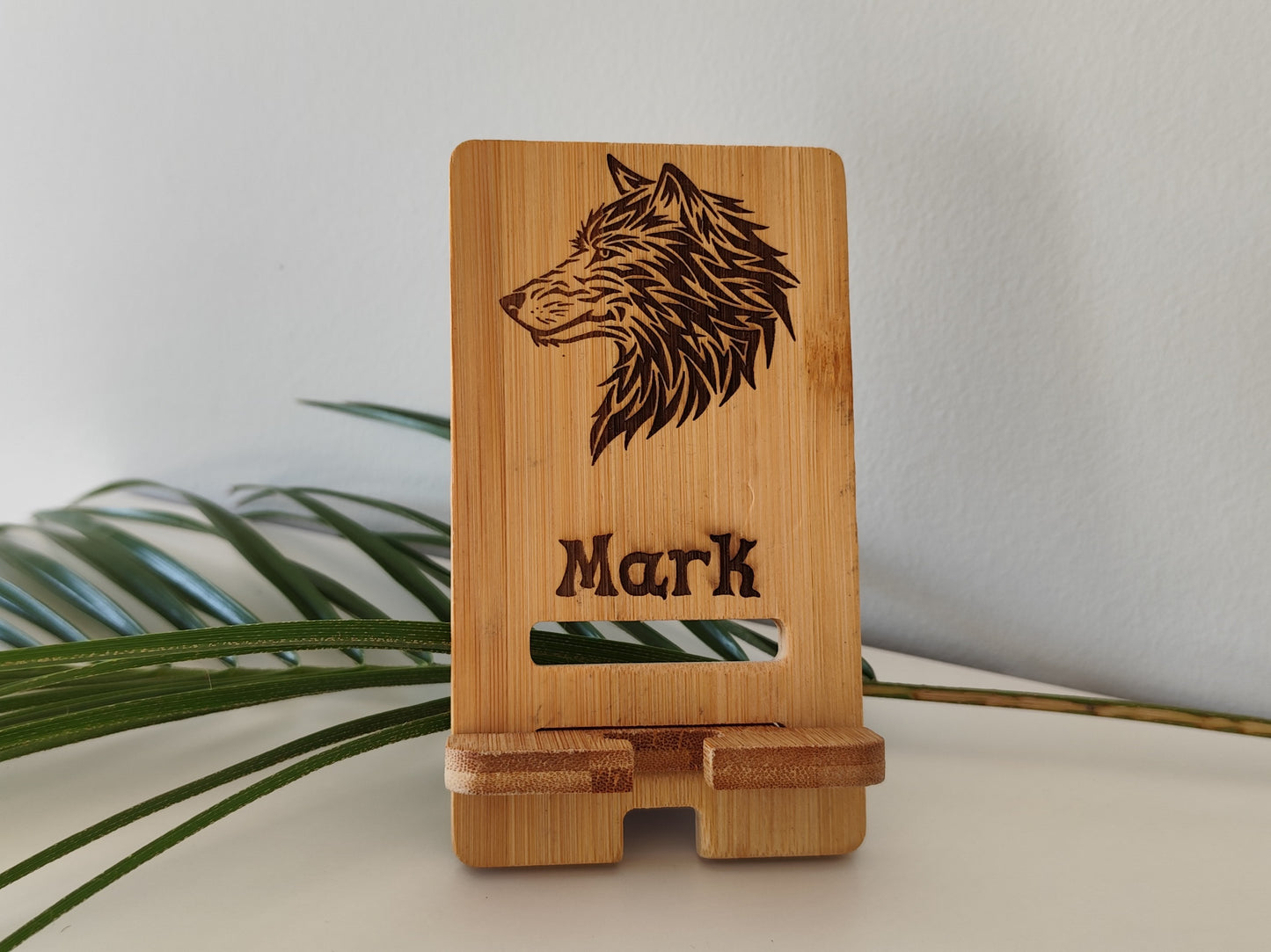 Personalized Phone Holder – Wooden Stand with Wild Wolf Engraving