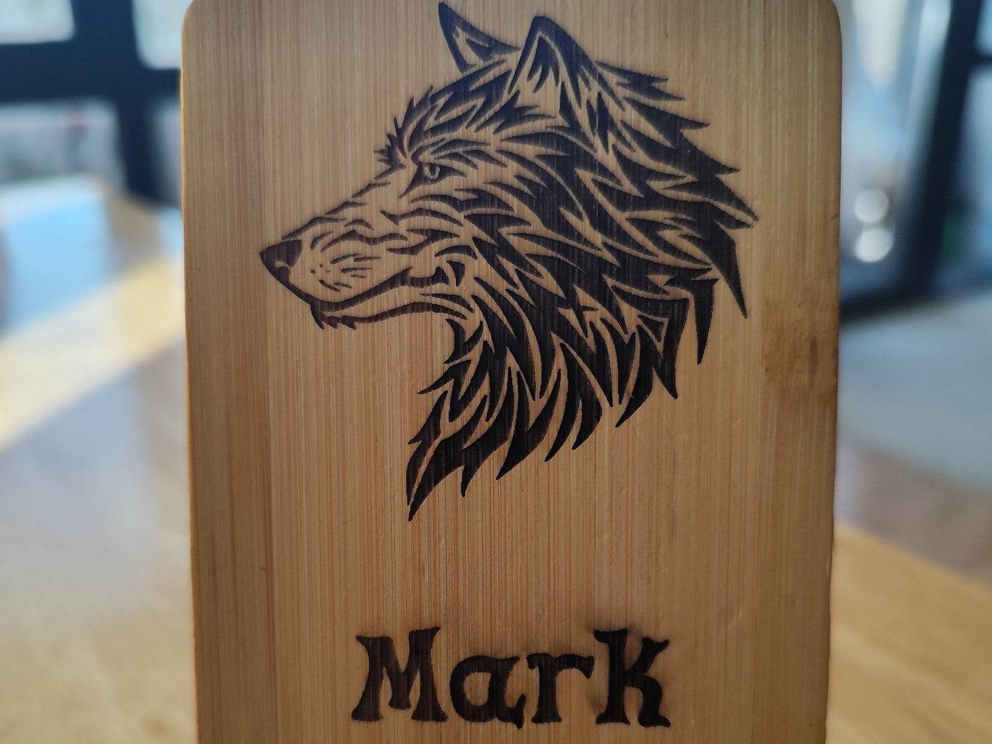 Personalized Phone Holder – Wooden Stand with Wild Wolf Engraving
