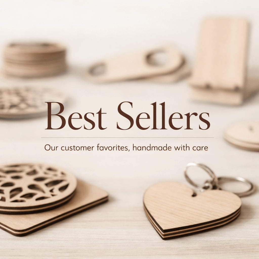 Personalised laser cut birch plywood gifts including coasters, keychains and wooden accessories on soft neutral background