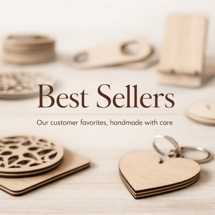 Personalised laser cut birch plywood gifts including coasters, keychains and wooden accessories on soft neutral background
