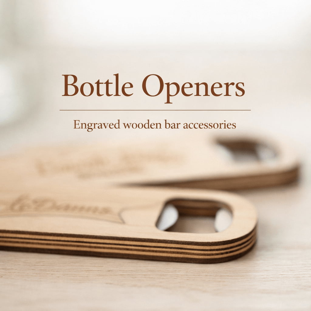 Personalised engraved birch plywood bottle opener on neutral background with visible plywood layers