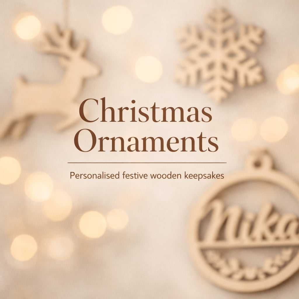 Personalised laser cut birch plywood Christmas ornaments with visible layered edges
