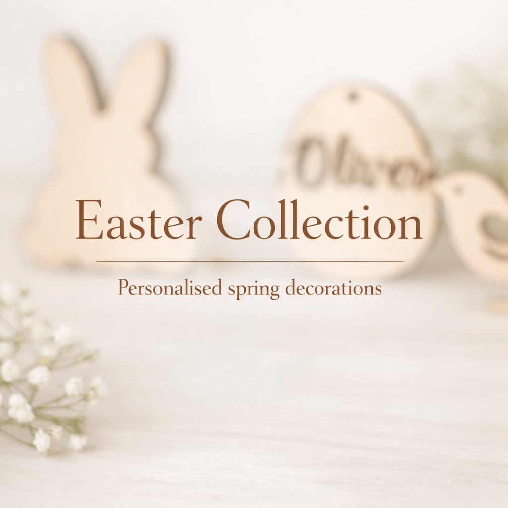 Personalised laser cut birch plywood Easter ornaments on light neutral background
