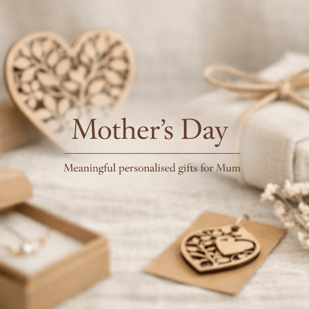 Personalised laser engraved birch plywood gift for Mother’s Day on soft neutral background