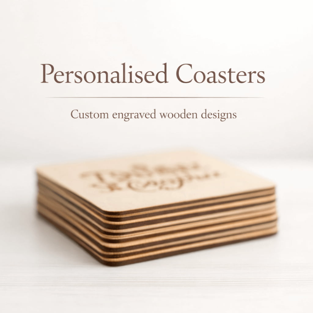 Stack of personalised laser engraved birch plywood coasters on neutral background
