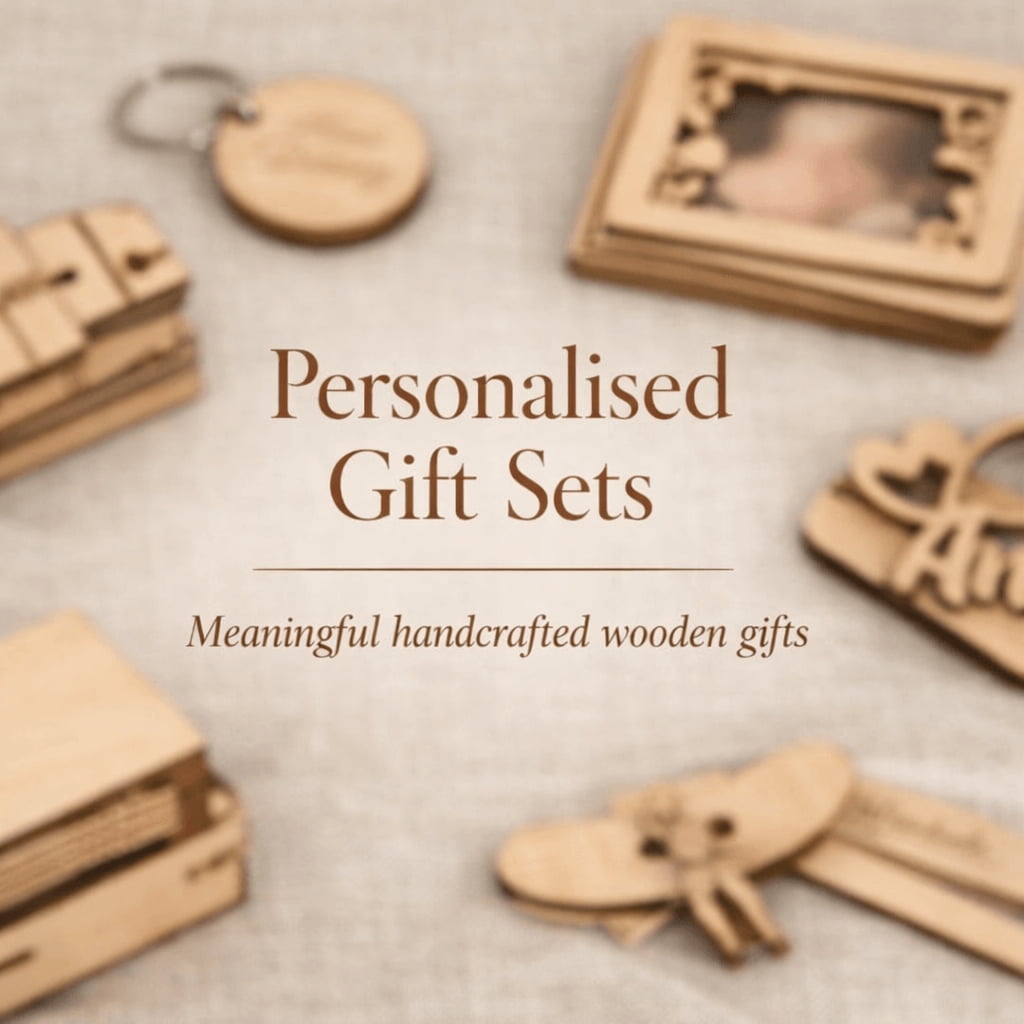 Personalised laser cut birch plywood gift items arranged on soft neutral background