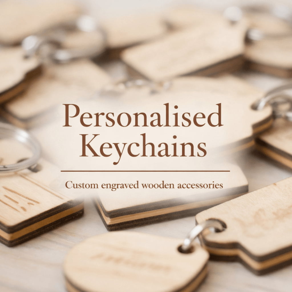Personalised laser cut birch plywood keychains with visible layered edges on soft neutral background