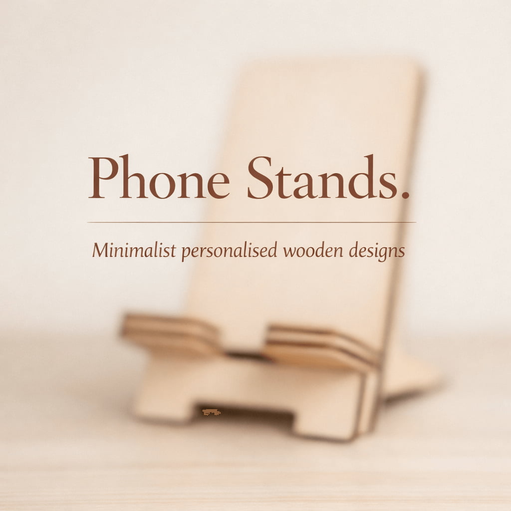 Minimalist personalised birch plywood phone stand with visible layered edges on neutral surface