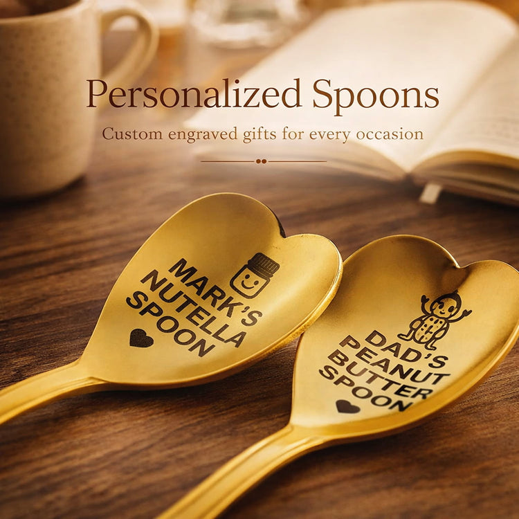 Personalized engraved gold heart-shaped spoons with custom name text on wooden surface