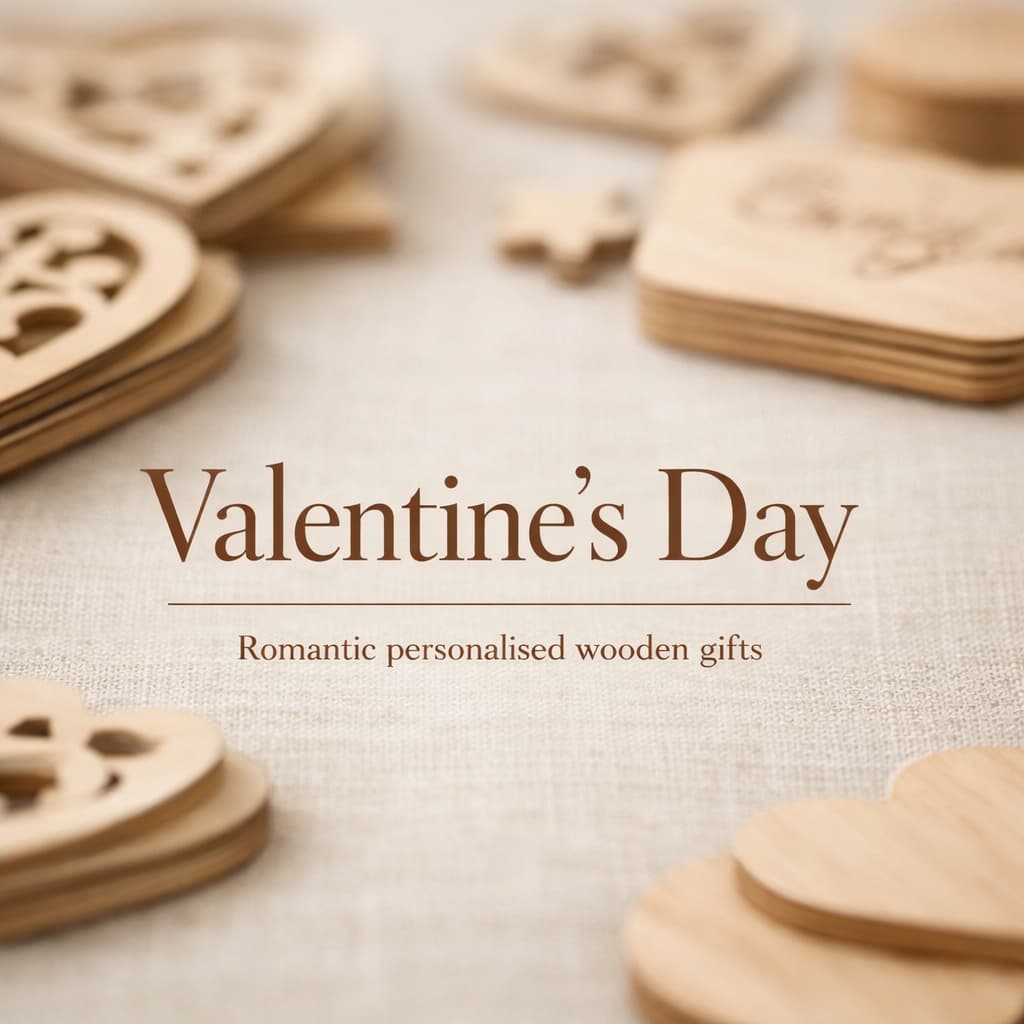 Personalised laser cut birch plywood Valentine’s Day gifts with heart ornaments on neutral linen background