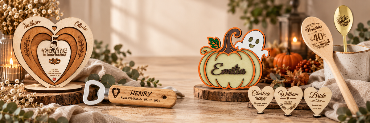 Personalized handmade gifts by LAESTRI, including engraved wooden keepsakes, spoons and wedding gifts