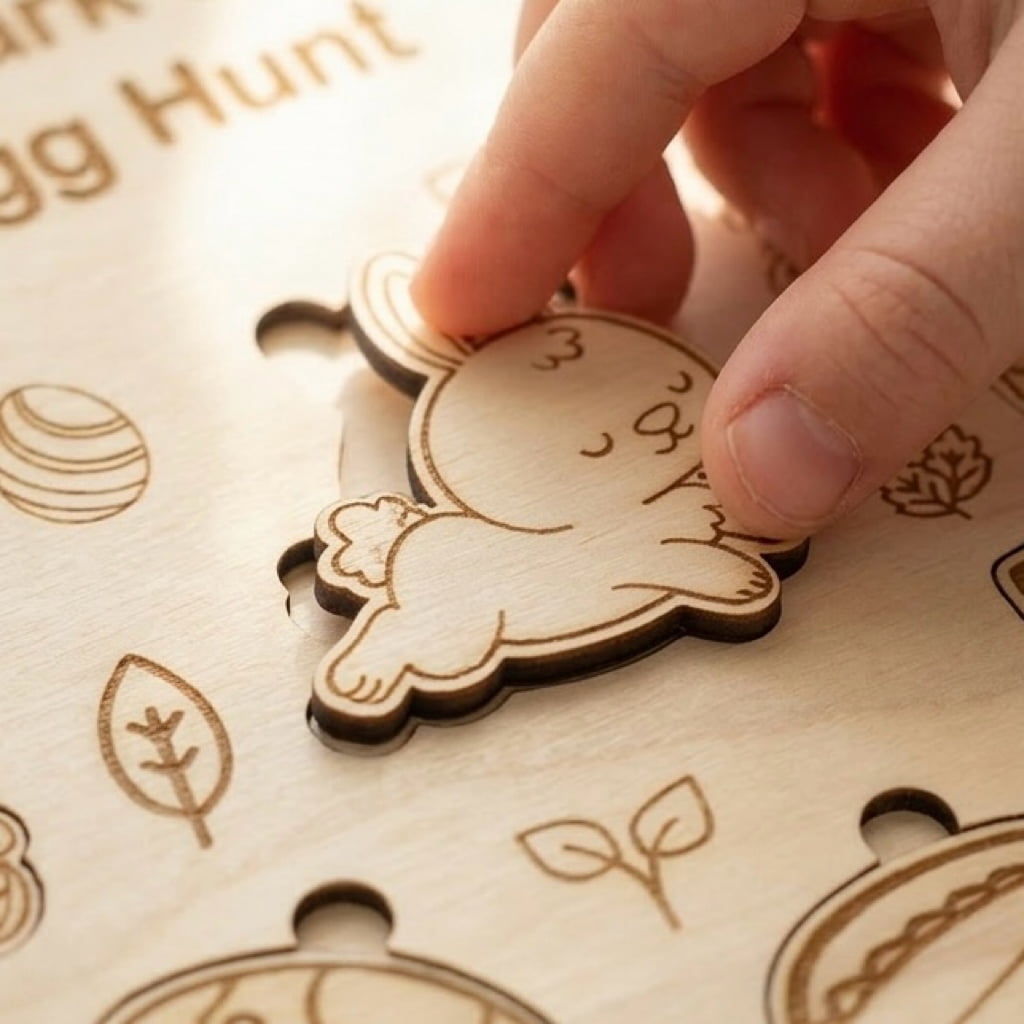 Child placing wooden bunny puzzle piece into personalized Easter egg hunt board, interactive kids activity