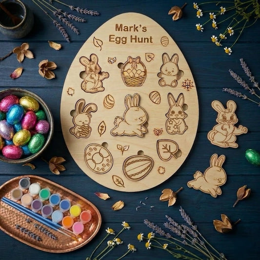 Personalized Easter egg hunt puzzle board for kids, DIY wooden bunny activity with custom name