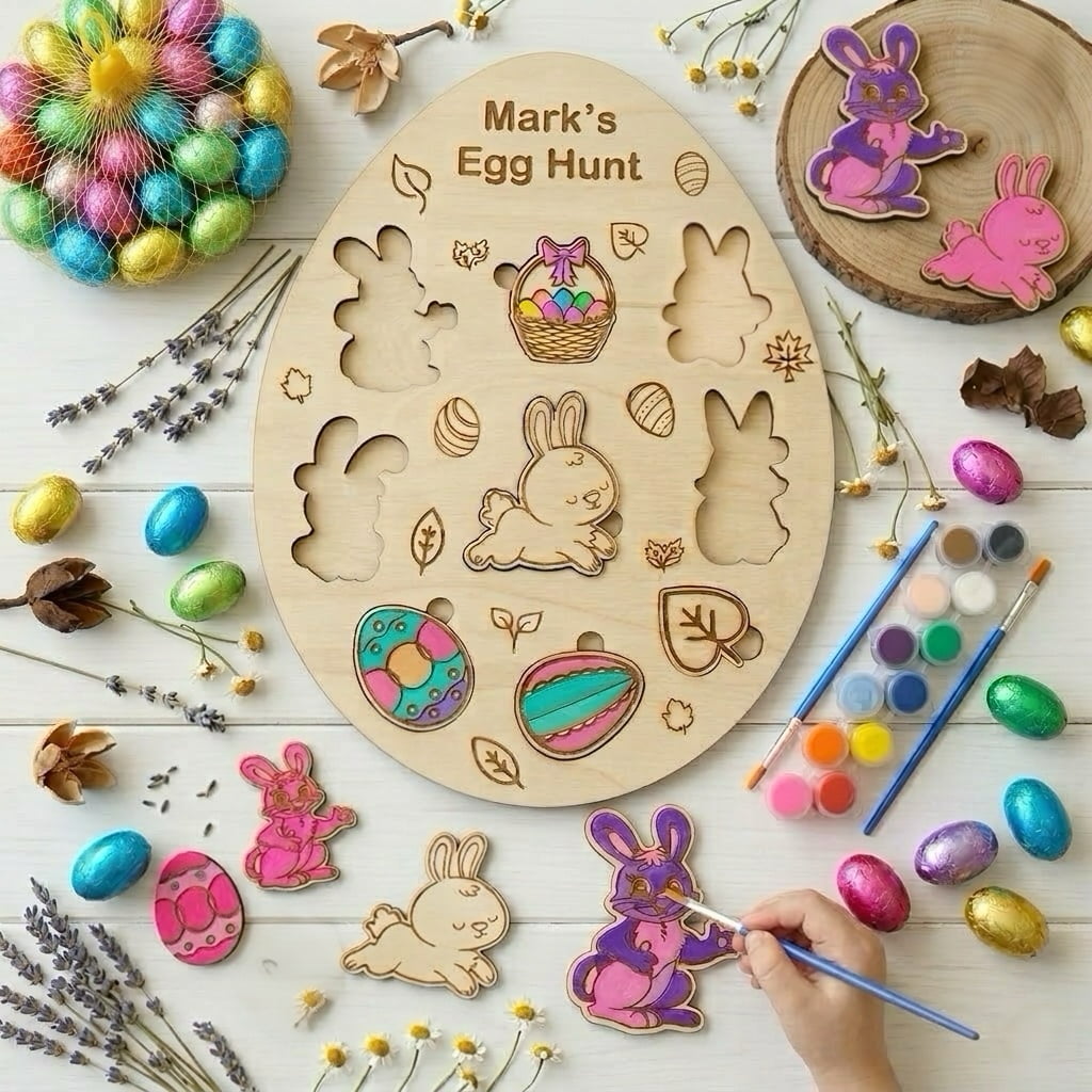 Child placing wooden bunny puzzle piece into personalized Easter egg hunt board, interactive kids activity