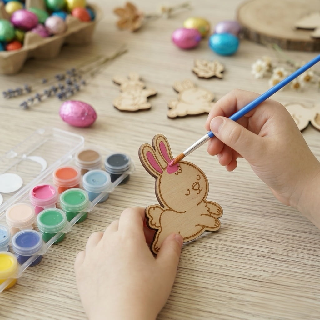Child painting wooden bunny from Easter craft kit, DIY kids activity with colorful paints and brushes