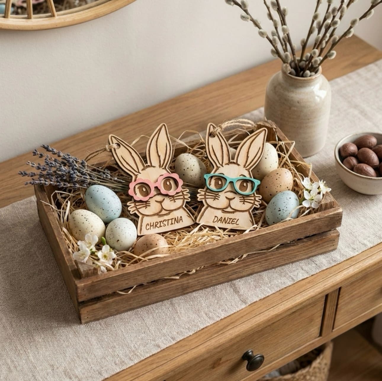 Custom Easter bunny face decoration natural wood