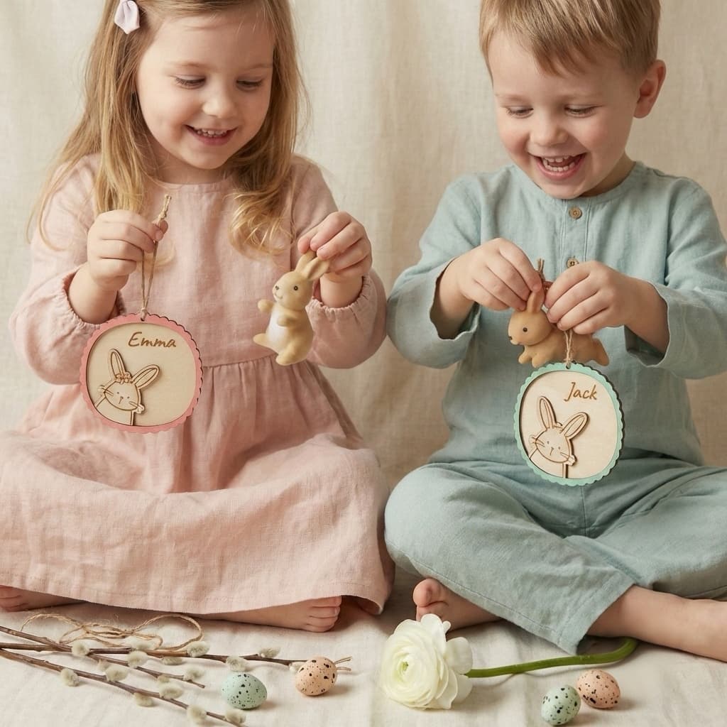 Wooden bunny circle tag with pastel border