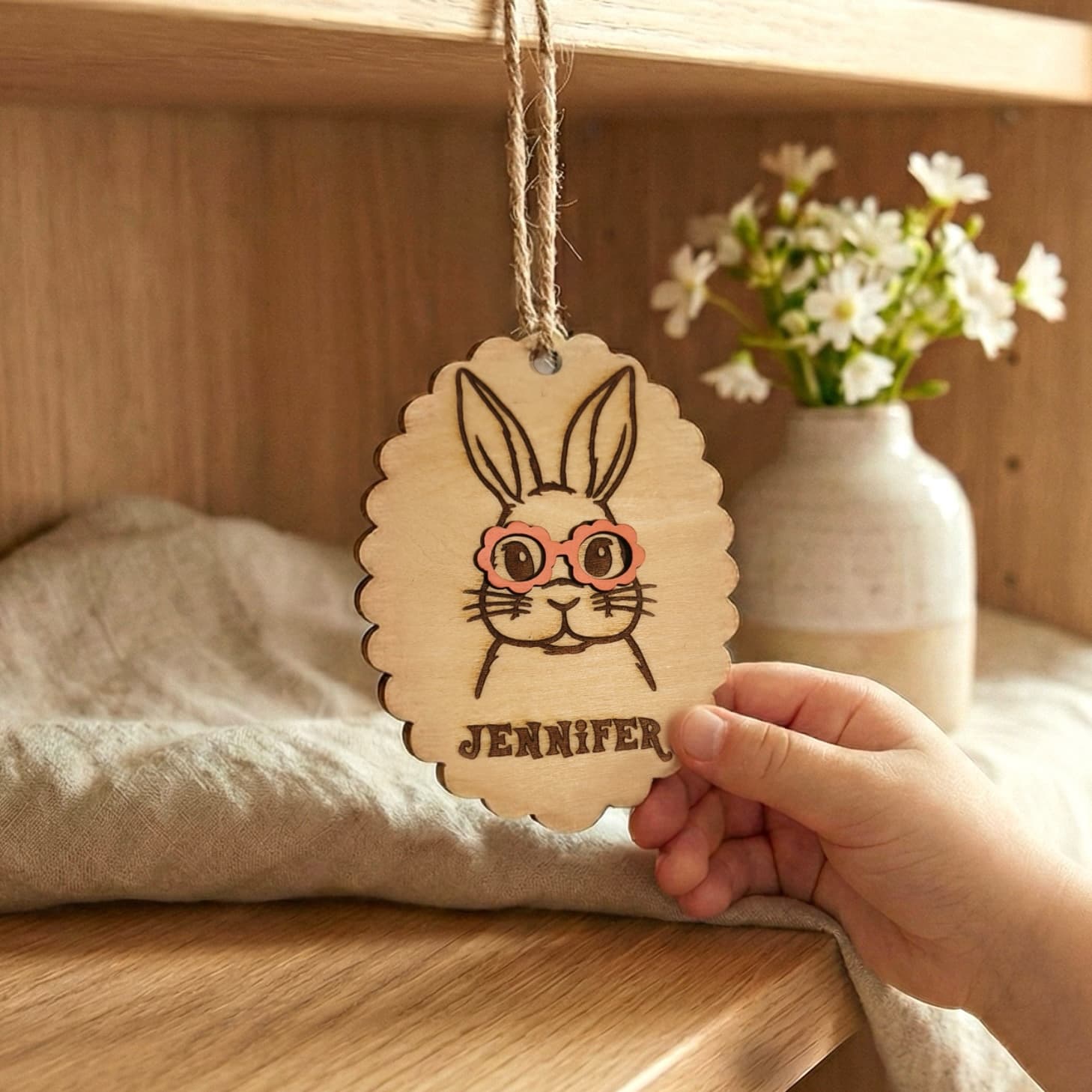Custom Easter bunny tag with pink glasses and natural wood finish
