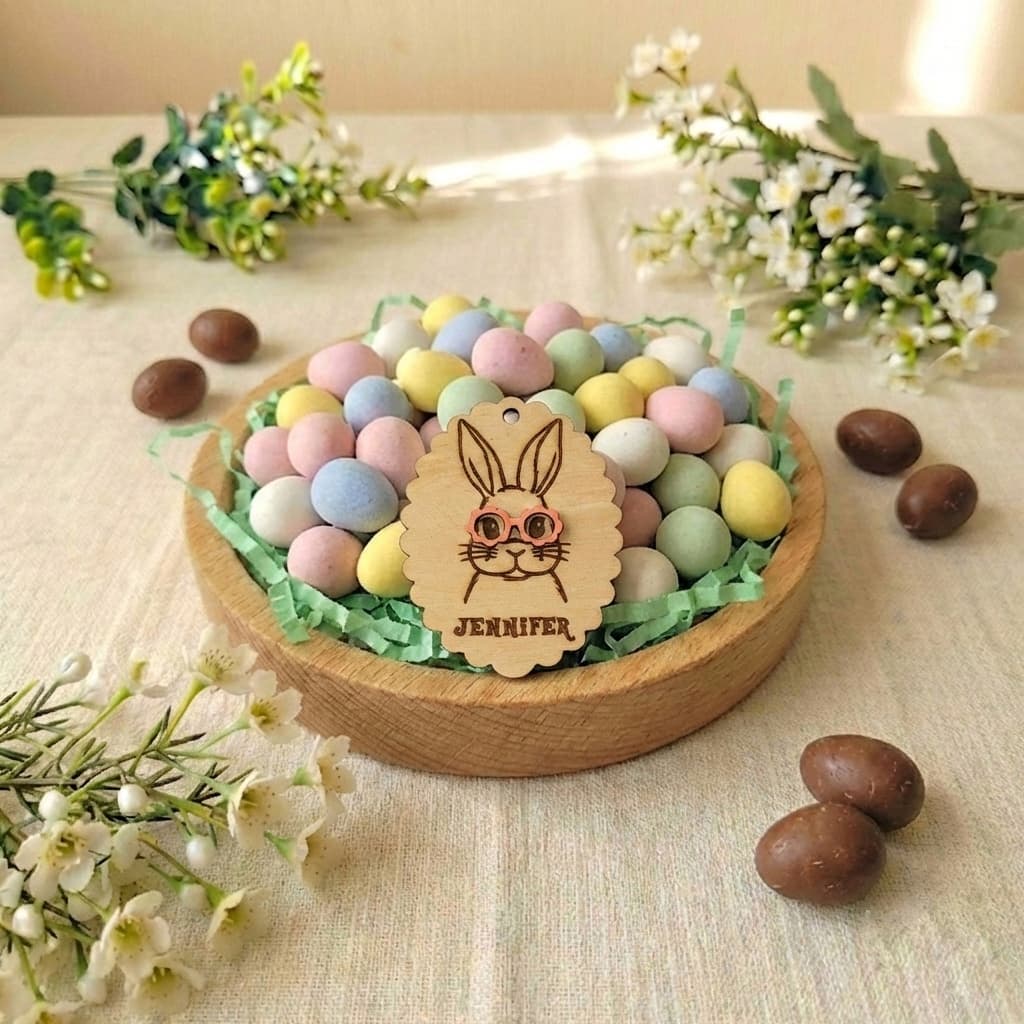 Wooden Easter tag bunny with glasses for kids basket