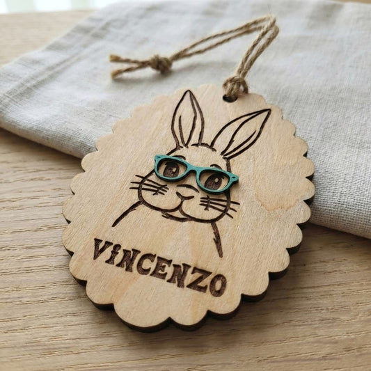 Personalized wooden Easter bunny ornament with glasses and engraved name
