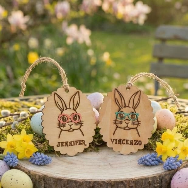 Personalized spring bunny ornament natural plywood