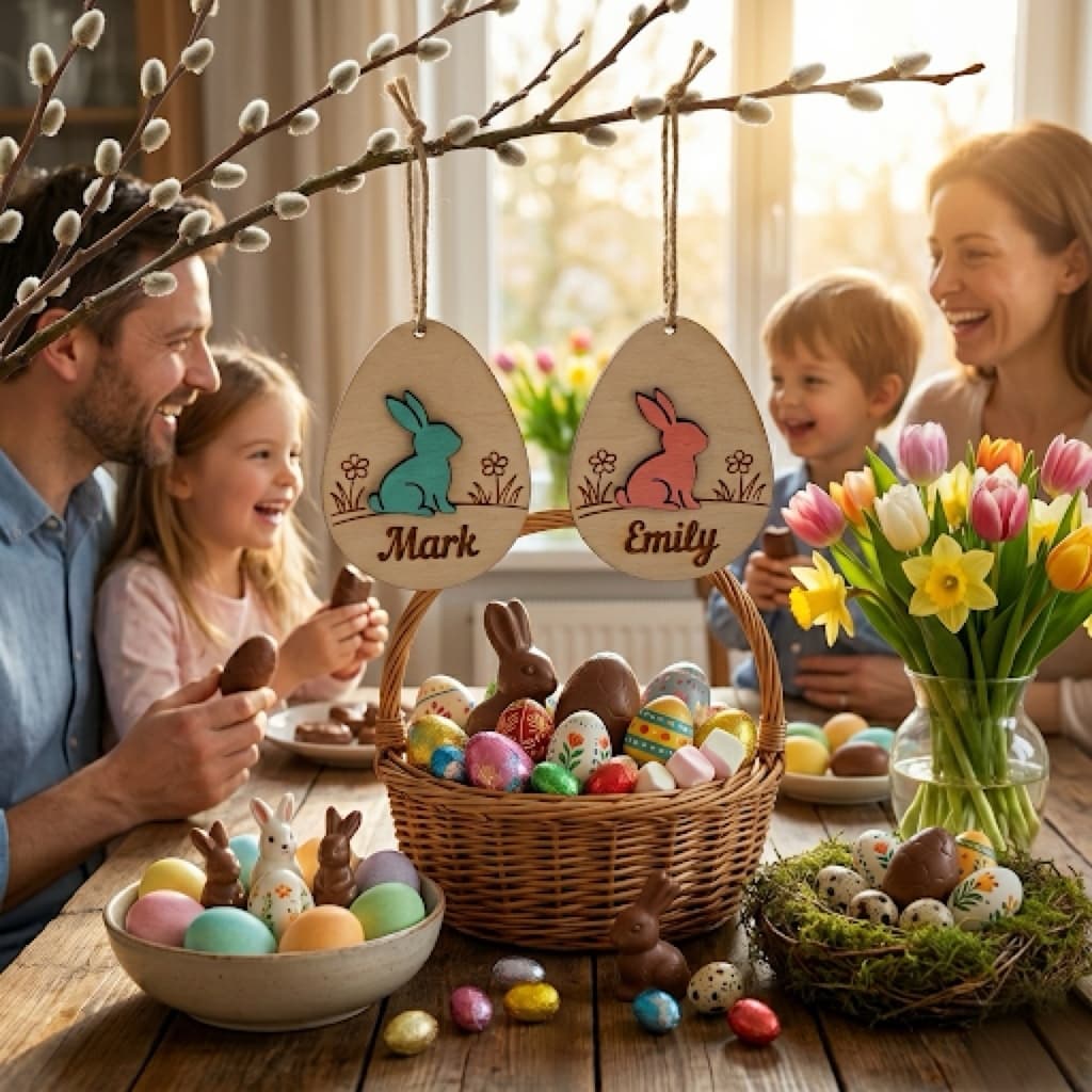 Spring wooden egg ornament with bunny detail