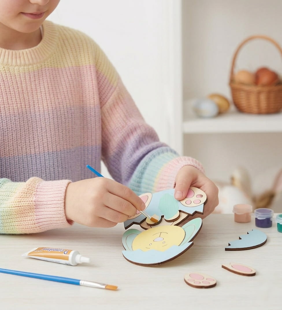Kid painting and decorating wooden bunny craft from personalized Easter DIY craft kit with paints and tools