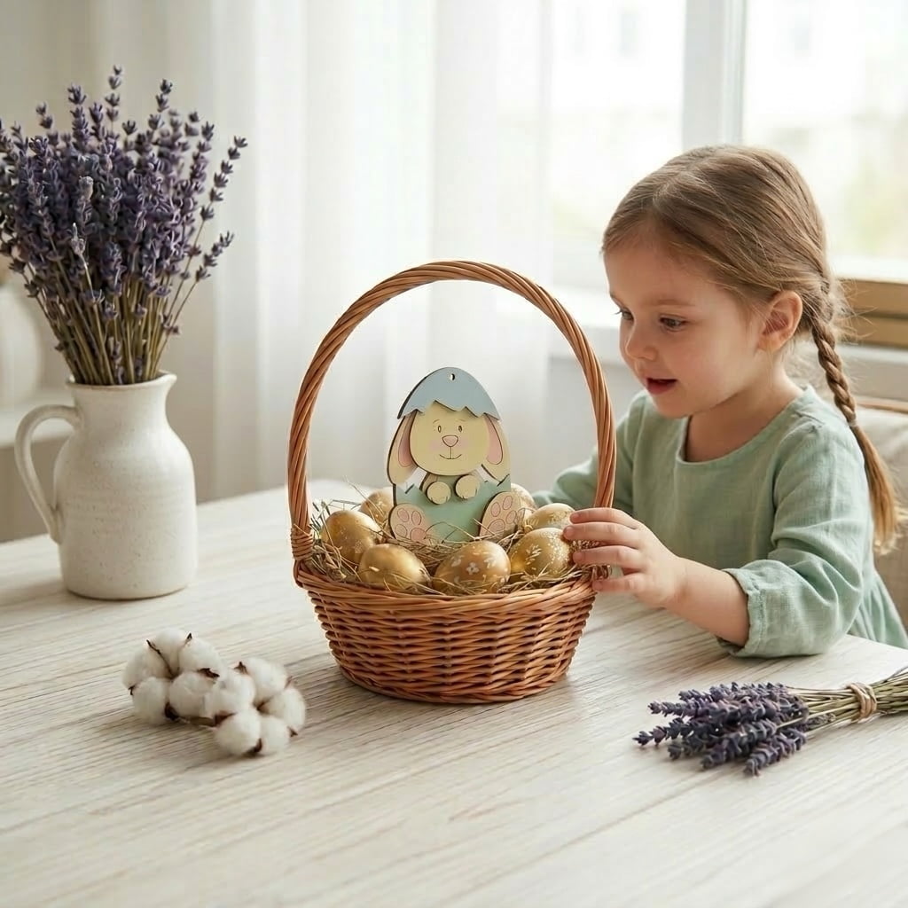 Child playing with finished Easter bunny craft and basket, personalized Easter activity for kids at home