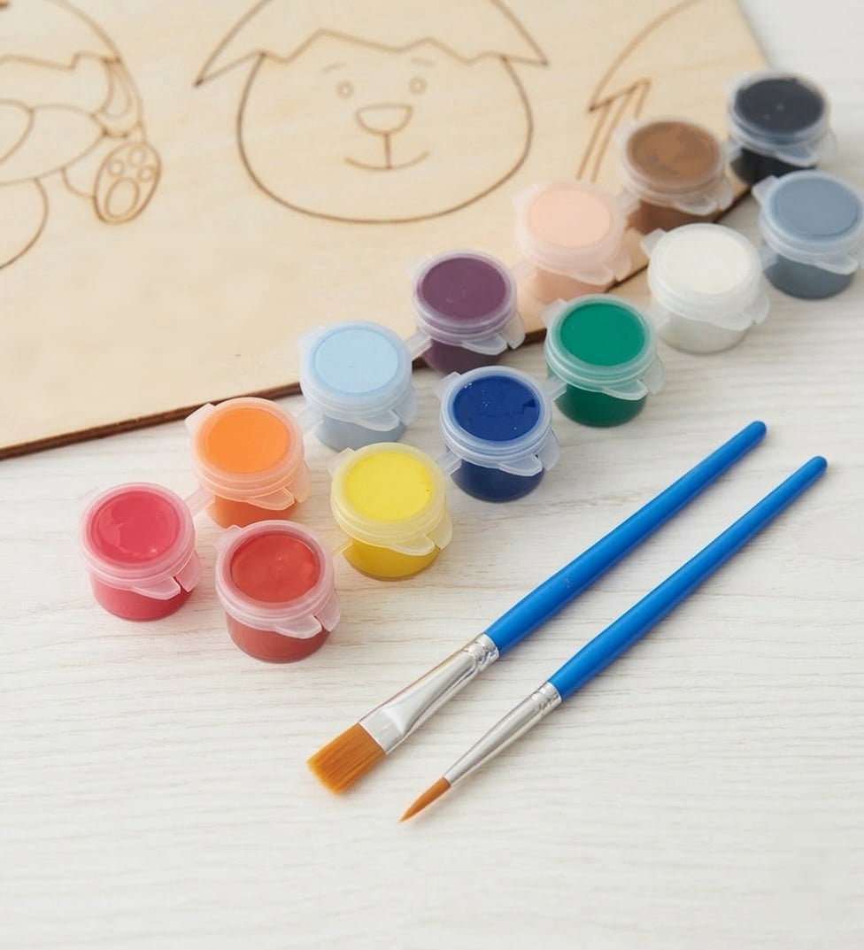Easter craft kit supplies including colorful paints and brushes for kids DIY wooden bunny activity
