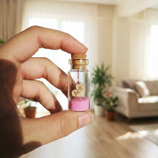 Personalized Tiny Glass Jar with Wooden Heart Charm & Colored Sand