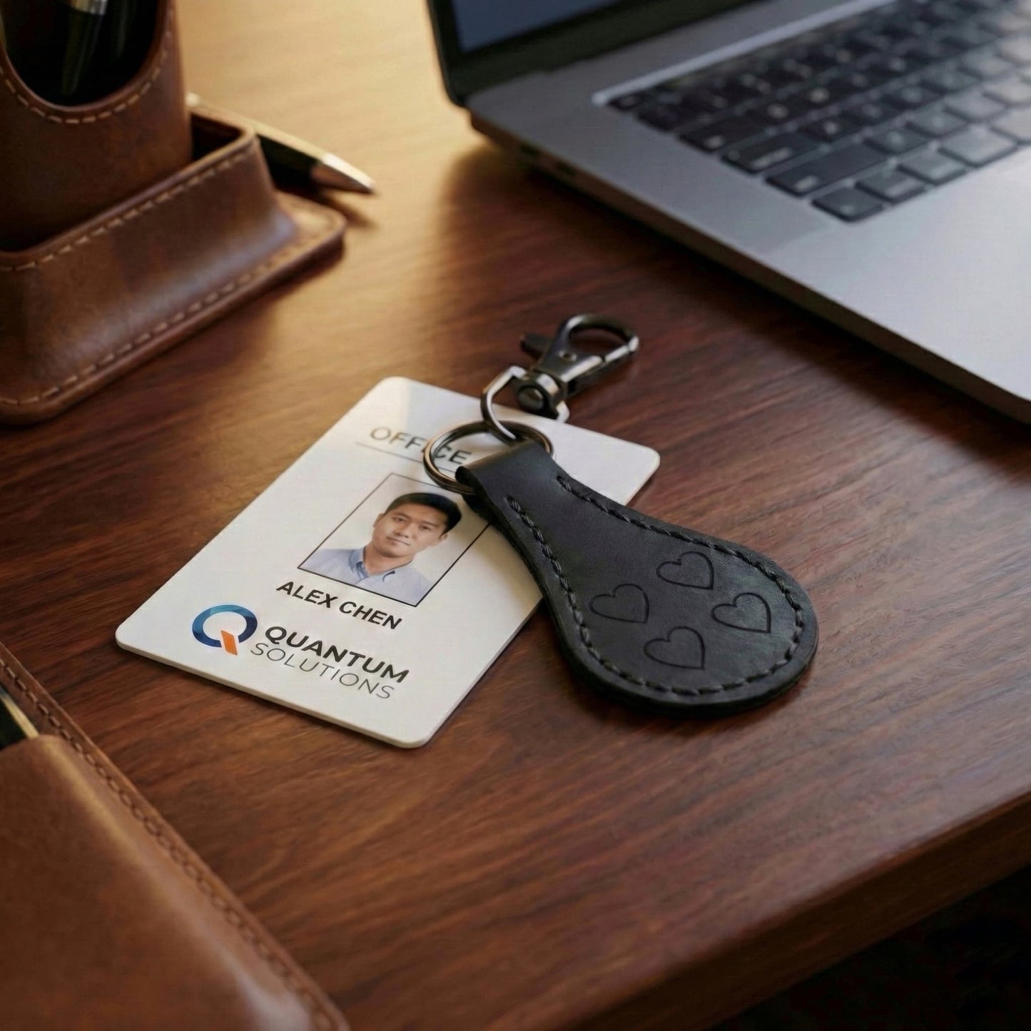 Black leather keychain with embossed hearts attached to office ID badge on wooden desk
