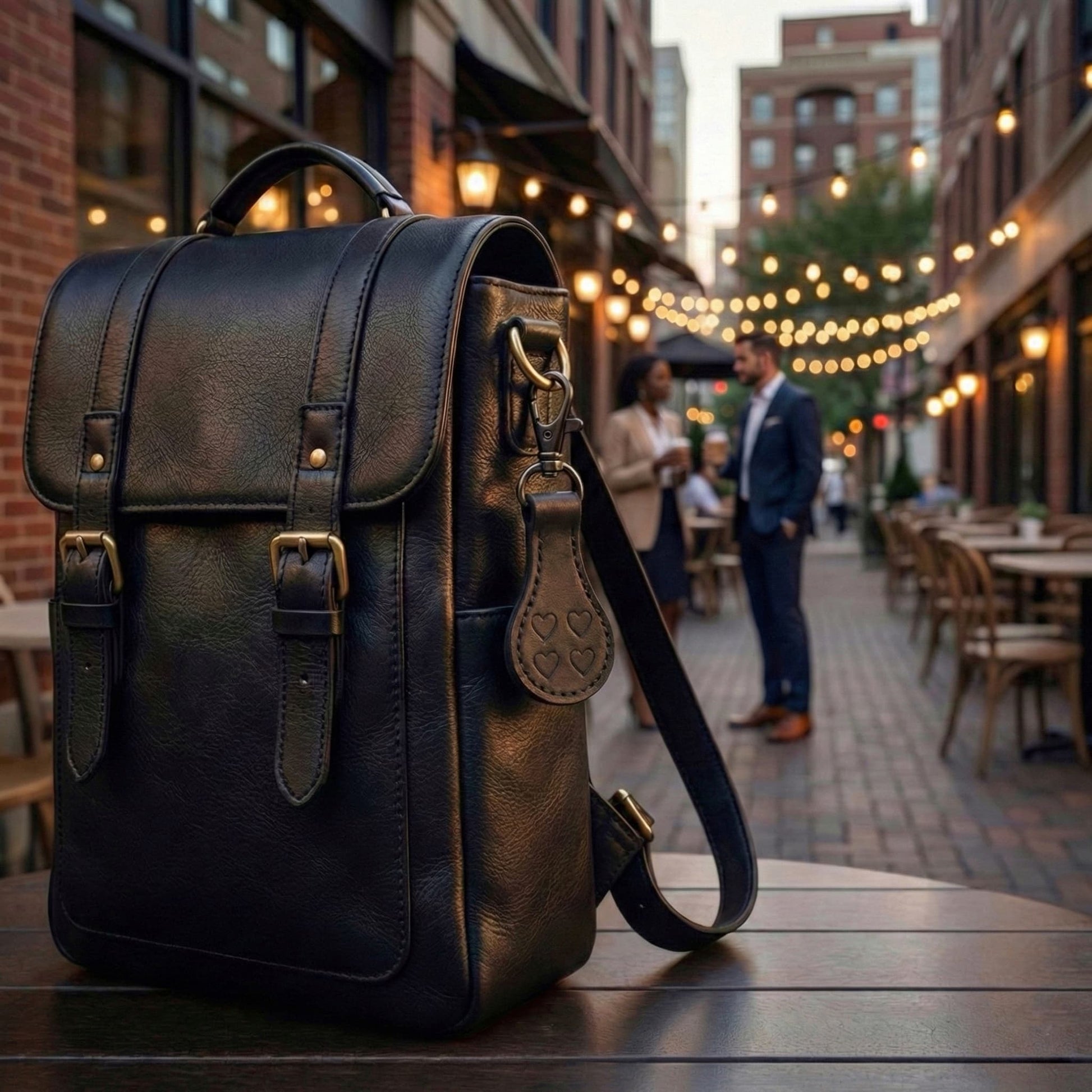 Black leather keychain with embossed hearts attached to backpack used as stylish bag accessory