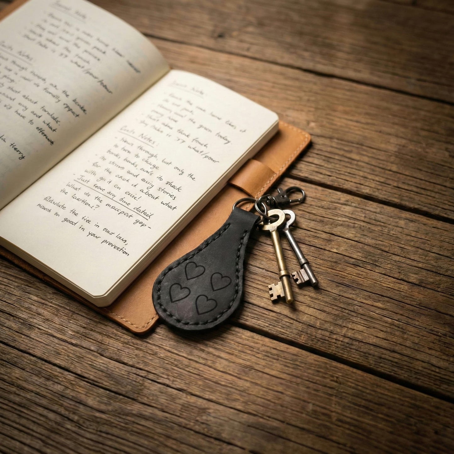 Handmade black leather keychain with embossed hearts attached to vintage keys next to open notebook