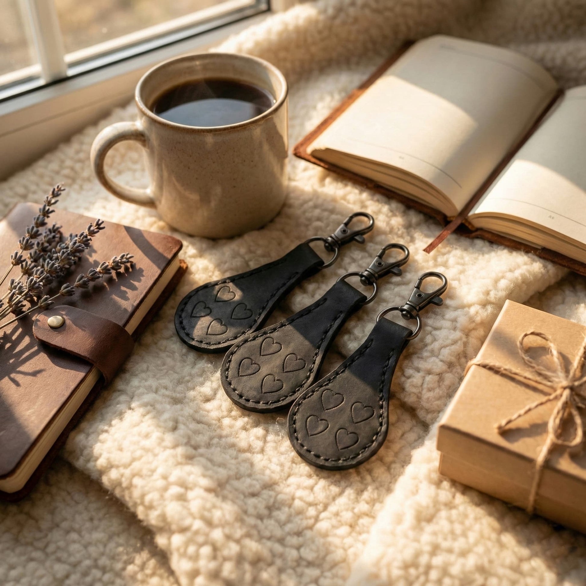 Handmade black leather keychains with embossed heart design placed on cozy blanket with coffee and notebook