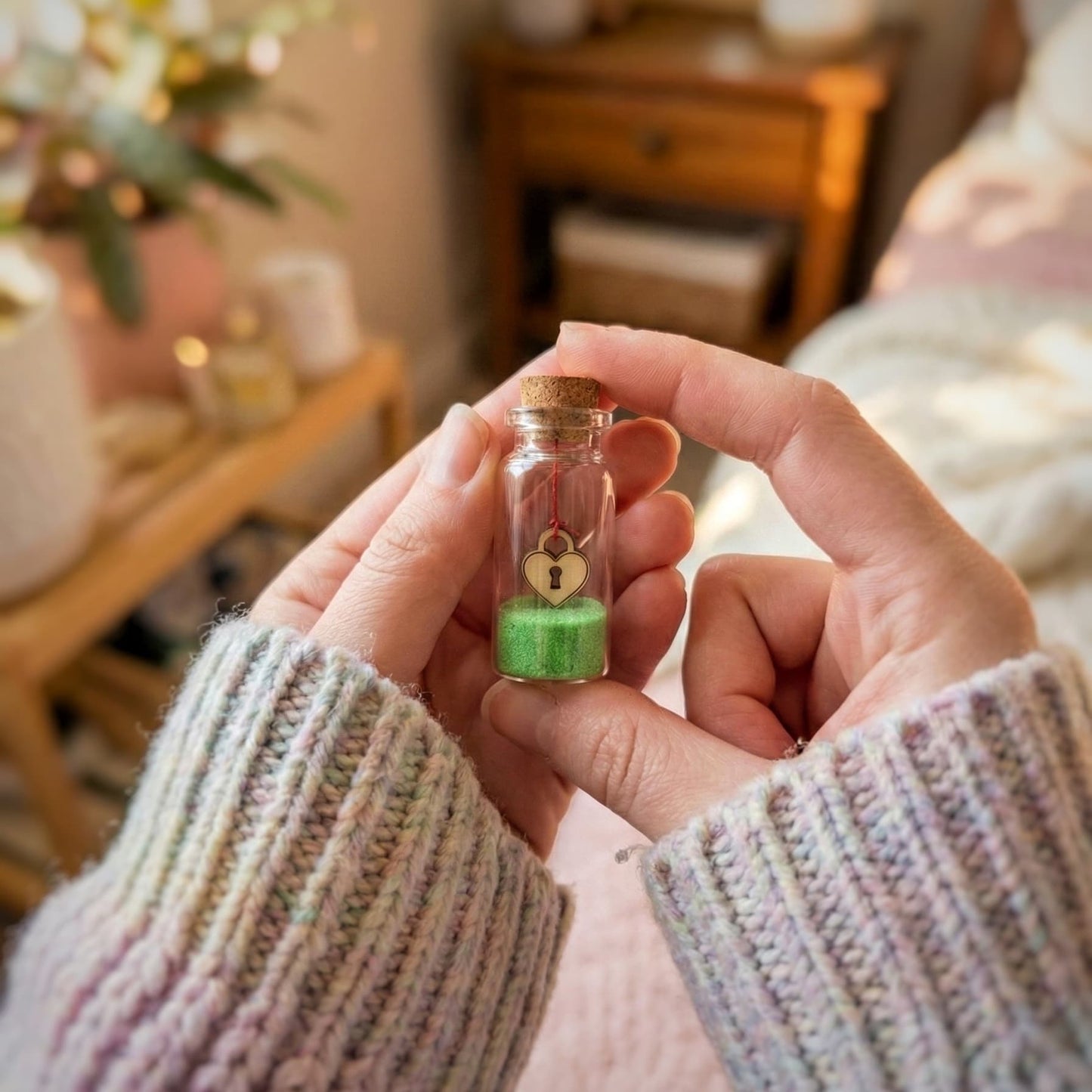 Personalized Tiny Glass Jar with Wooden Heart Charm & Colored Sand