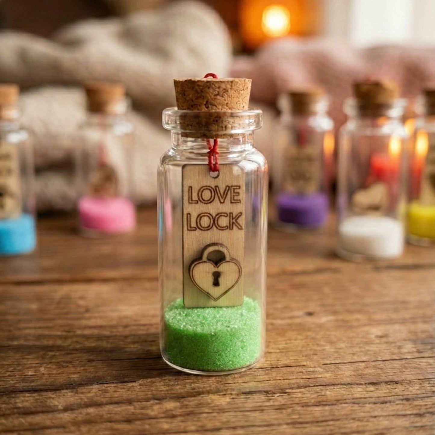 Personalized Tiny Glass Jar with Wooden Heart Charm & Colored Sand