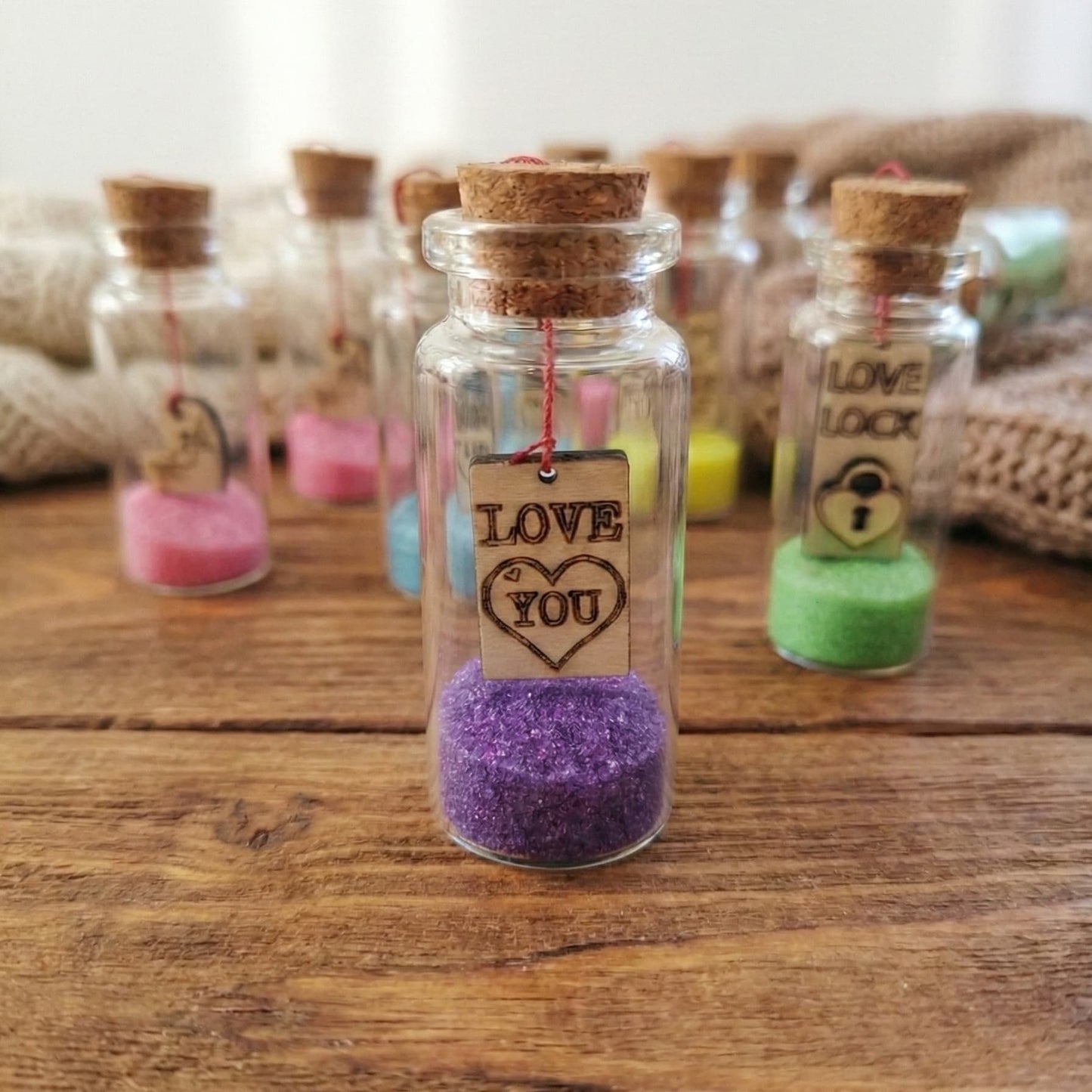 Personalized Tiny Glass Jar with Wooden Heart Charm & Colored Sand