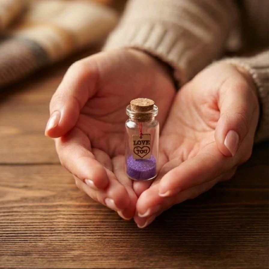 Personalized Tiny Glass Jar with Wooden Heart Charm & Colored Sand