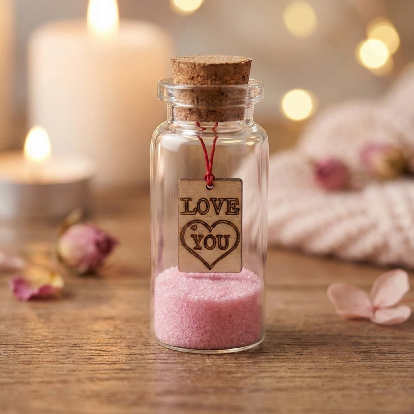 Personalized Tiny Glass Jar with Wooden Heart Charm & Colored Sand
