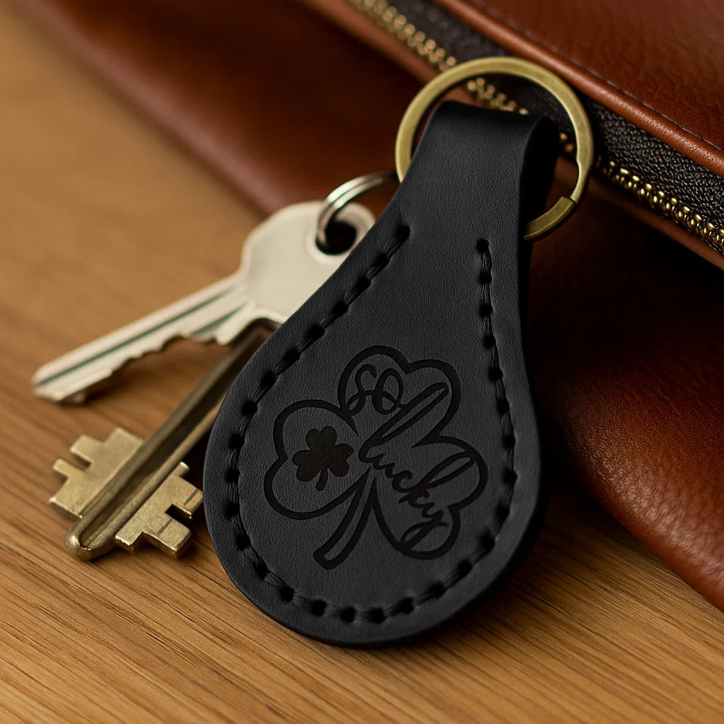 🖤 "So Lucky" – Genuine Leather Keychain with Irish Engraving