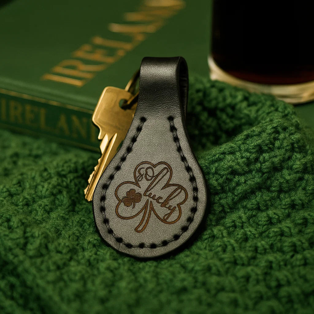 🖤 "So Lucky" – Genuine Leather Keychain with Irish Engraving