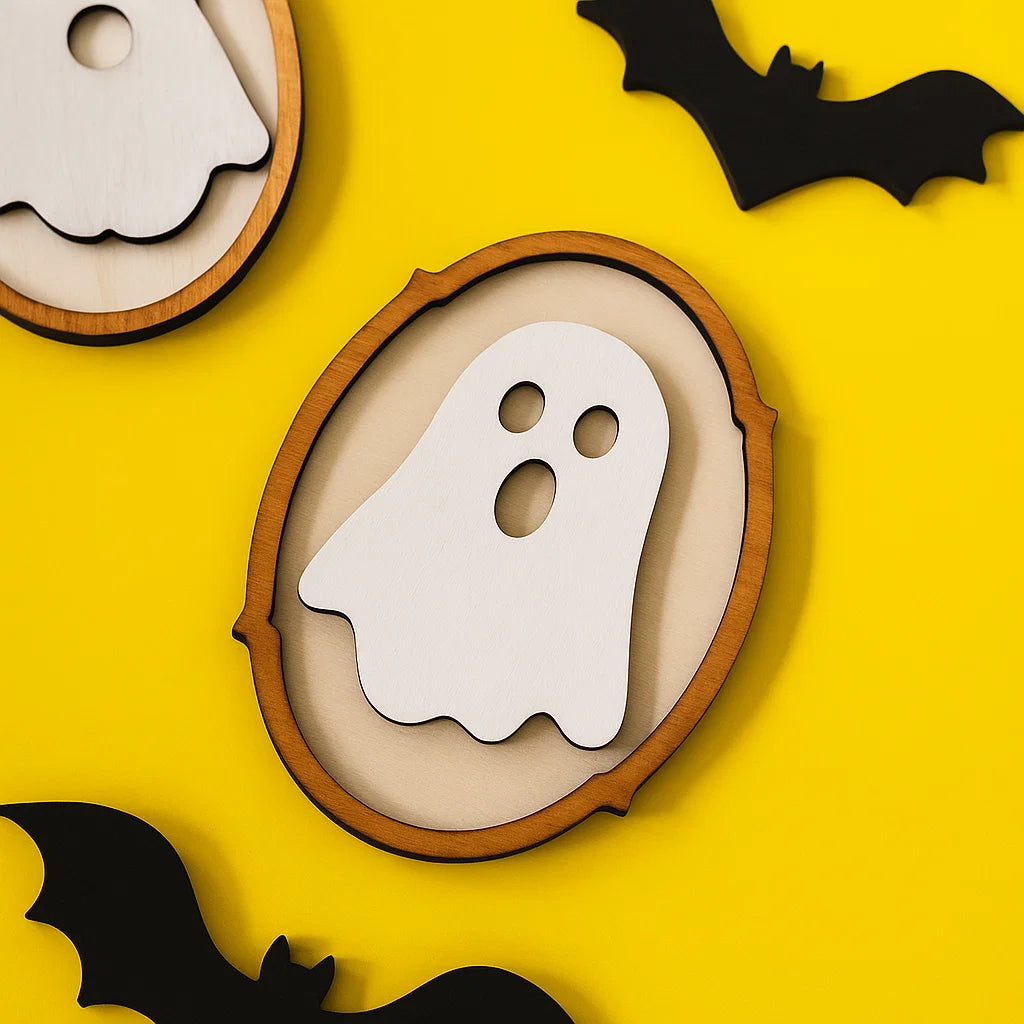 Wooden Halloween Wall Decor – Ghost & Cat Frames | Custom Colors & Designs Available | Hand-Painted Acrylic Ornaments
