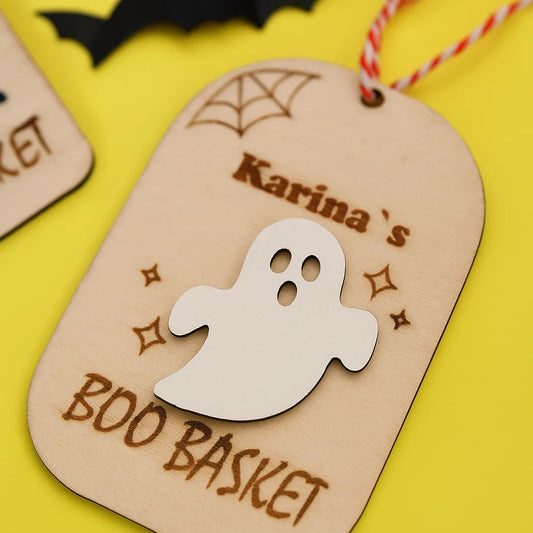 Personalised wooden Halloween Boo Basket ghost name tag with Karina engraving